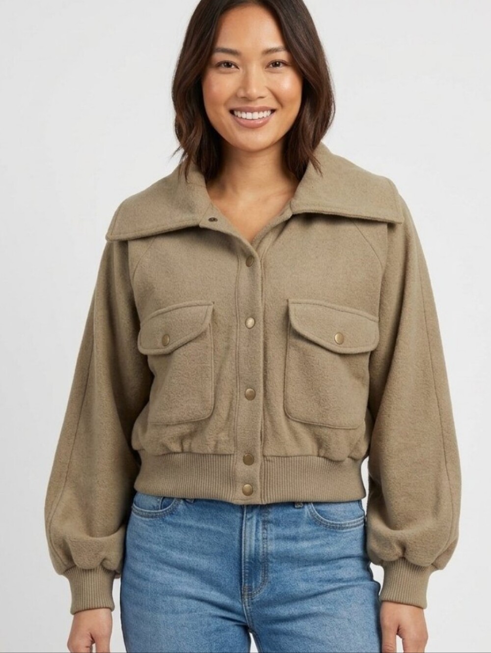 HYFVE Oversized Cropped Utility Bomber Jacket Muted Khaki Green Large